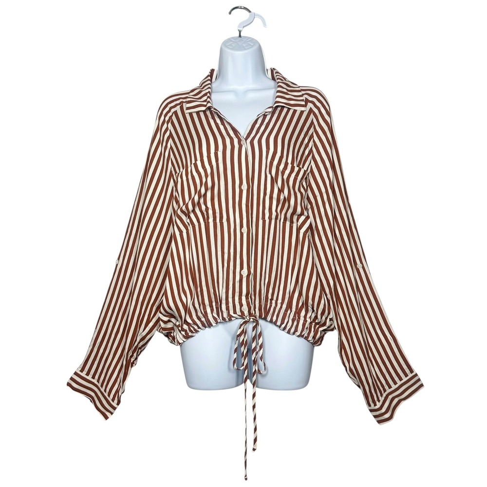 LNA Evereve Alpine Striped Button Down Shirt Drawstring Hem Brown Ivory L NWT - Picture 2 of 13